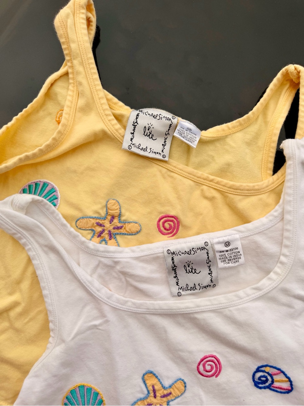 Vintage - Michael Simon Yellow & White Seashell Embroidered Tank Tops
